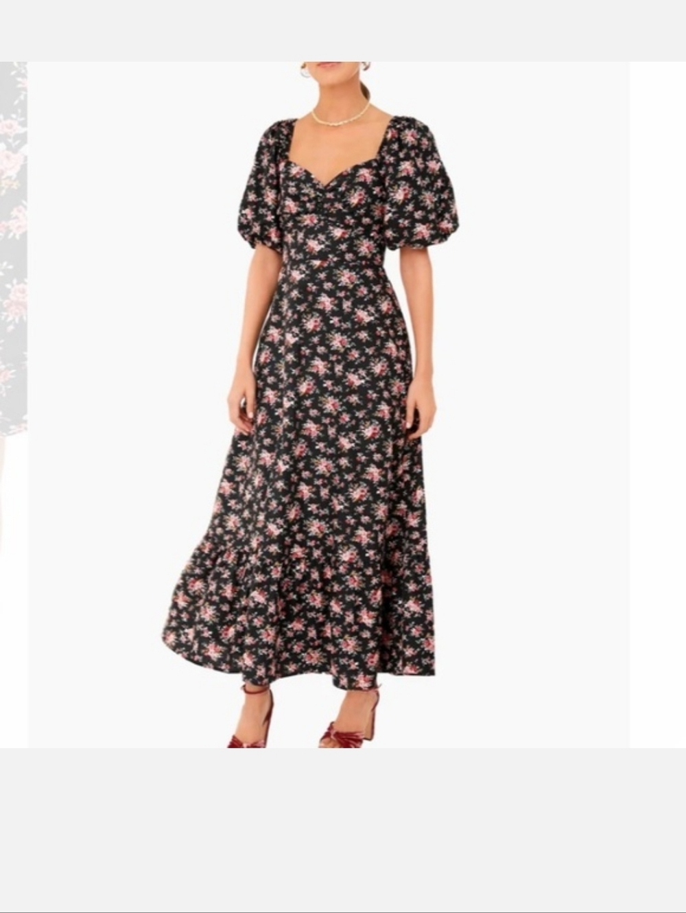 Sweetheart Puff-Sleeve Floral Maxi Dress - Black with Pink Floral